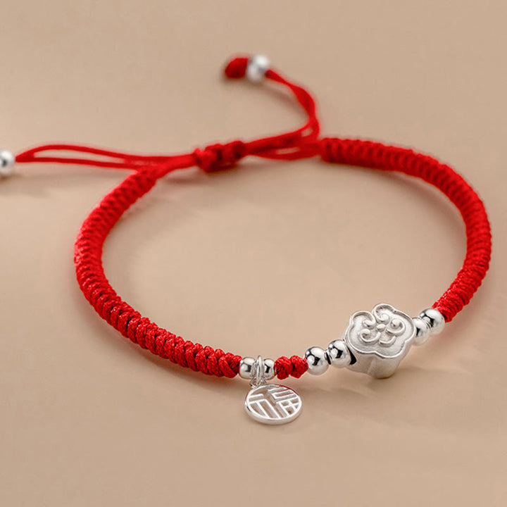 Buddha Stonesハンドメイド925スターリングシルバーフーキャラクター縁起の良い雲の祝福編みロープブレスレット