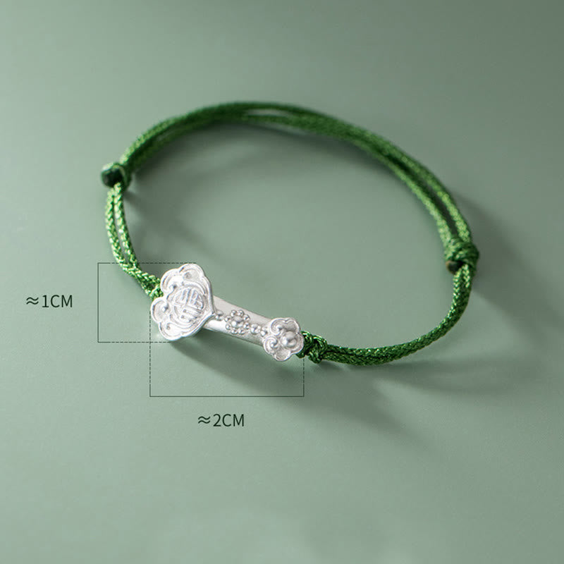 Buddha Stonesハンドメイド999スターリングシルバーフーキャラクターウィッシュ如意ハンドル幸運編みグリーンロープブレスレット