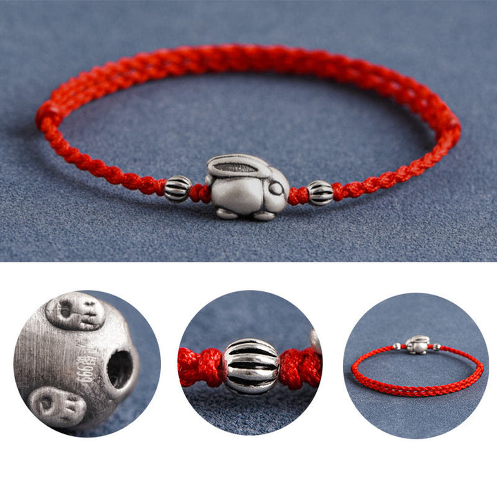 Buddha Stonesハンドメイド999スターリングシルバーウサギ幸運ロープブレスレットアンクレット