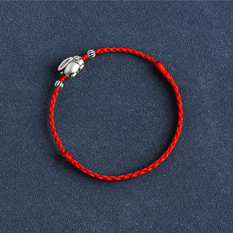 Buddha Stonesハンドメイド999スターリングシルバーウサギ幸運ロープブレスレットアンクレット