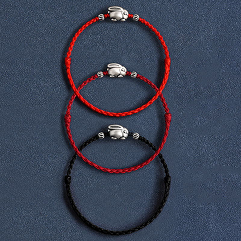 Buddha Stonesハンドメイド999スターリングシルバーウサギ幸運ロープブレスレットアンクレット