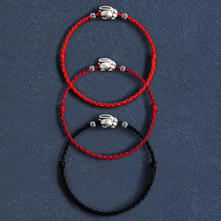 Buddha Stonesハンドメイド999スターリングシルバーウサギ幸運ロープブレスレットアンクレット