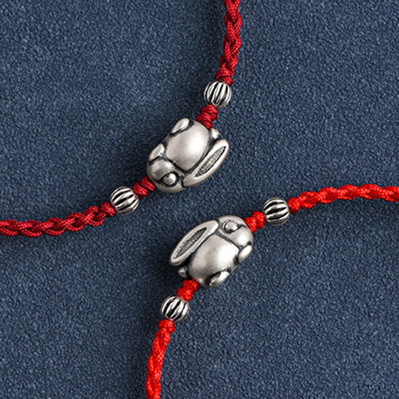 Buddha Stonesハンドメイド999スターリングシルバーウサギ幸運ロープブレスレットアンクレット