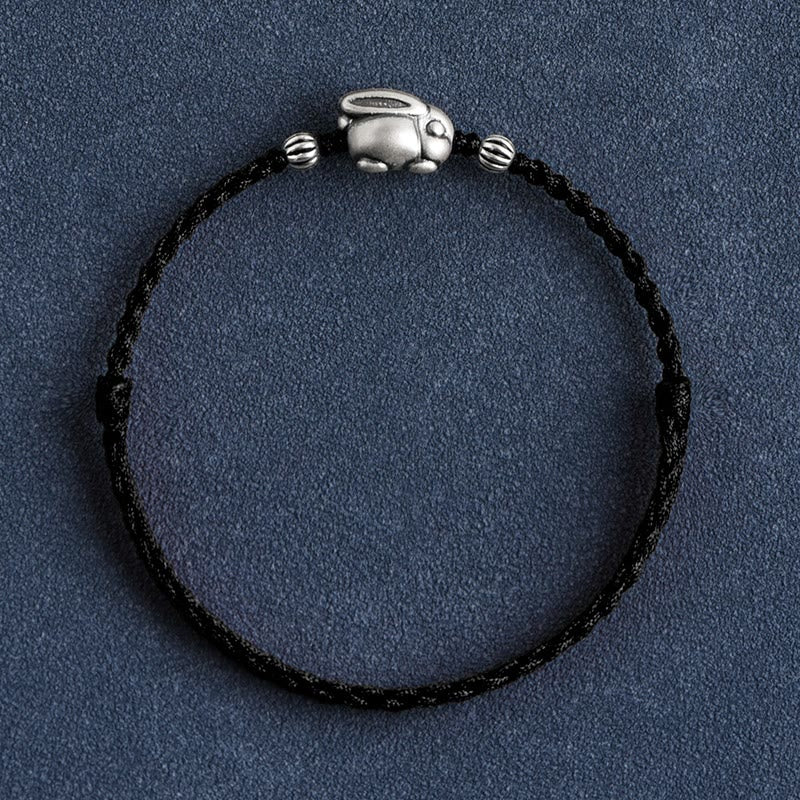 Buddha Stonesハンドメイド999スターリングシルバーウサギ幸運ロープブレスレットアンクレット - 大きなウサギのアンクレット（周囲18～30cm） - 黒 - image 22