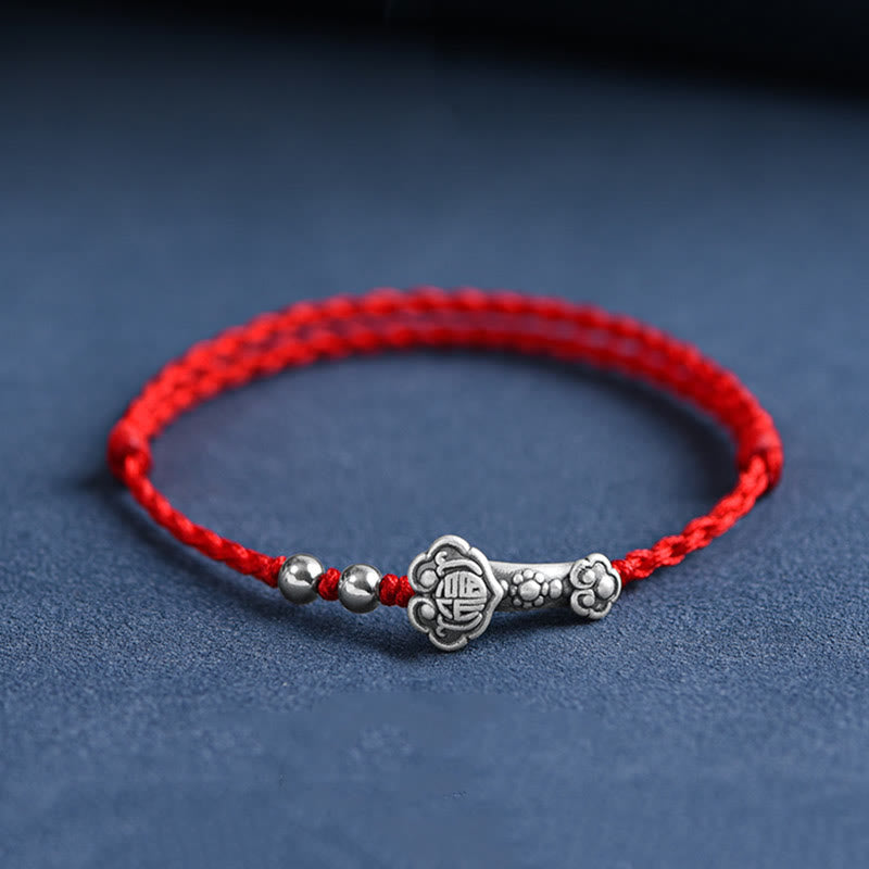 Buddha Stonesハンドメイド999スターリングシルバーフーキャラクターウィッシュ如意ハンドル幸運ロープブレスレットアンクレット