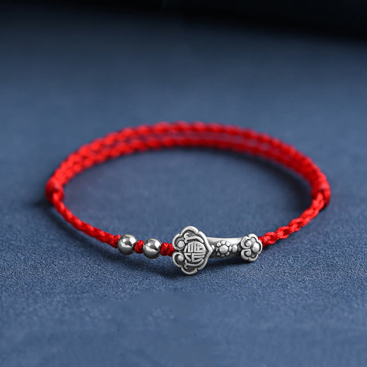 Buddha Stonesハンドメイド999スターリングシルバーフーキャラクターウィッシュ如意ハンドル幸運ロープブレスレットアンクレット