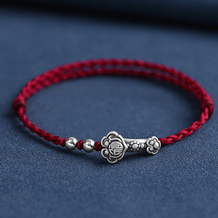 Buddha Stonesハンドメイド999スターリングシルバーフーキャラクターウィッシュ如意ハンドル幸運ロープブレスレットアンクレット