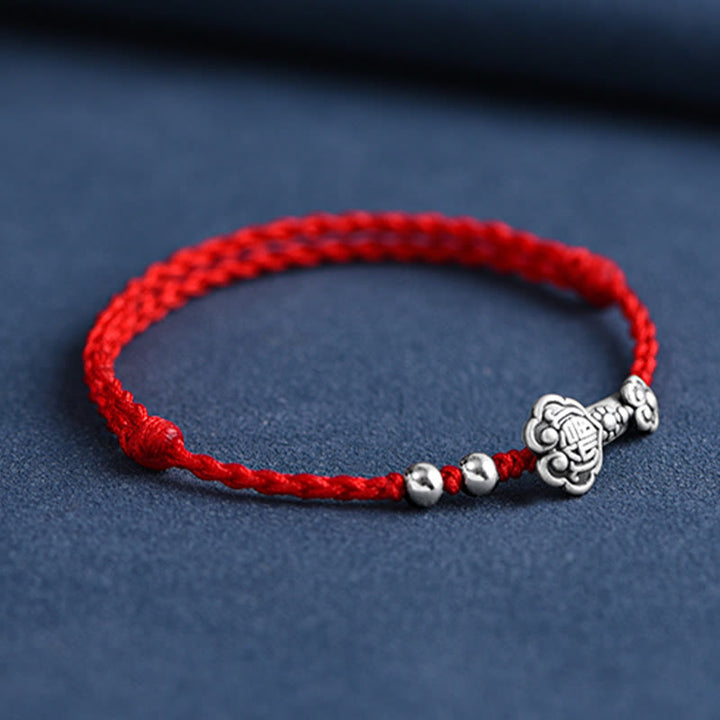 Buddha Stonesハンドメイド999スターリングシルバーフーキャラクターウィッシュ如意ハンドル幸運ロープブレスレットアンクレット