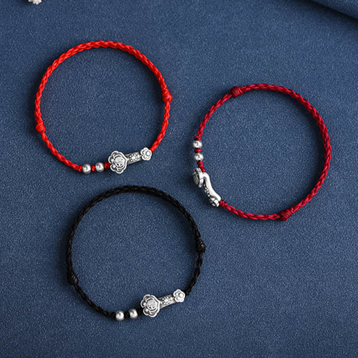 Buddha Stonesハンドメイド999スターリングシルバーフーキャラクターウィッシュ如意ハンドル幸運ロープブレスレットアンクレット
