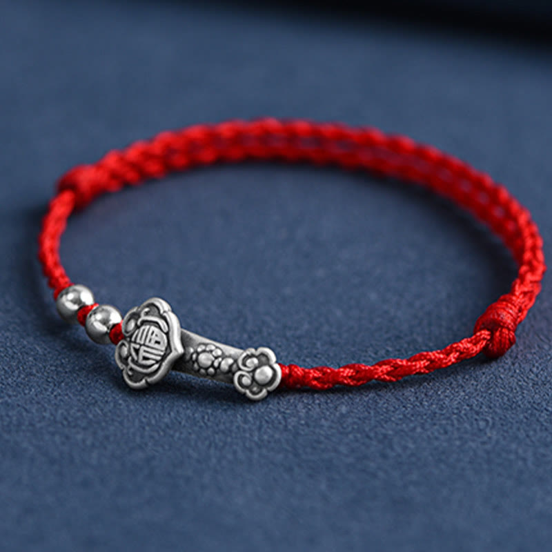 Buddha Stonesハンドメイド999スターリングシルバーフーキャラクターウィッシュ如意ハンドル幸運ロープブレスレットアンクレット