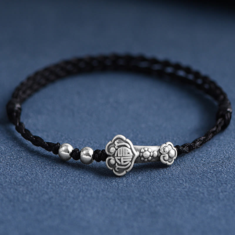 Buddha Stonesハンドメイド999スターリングシルバーフーキャラクターウィッシュ如意ハンドル幸運ロープブレスレットアンクレット