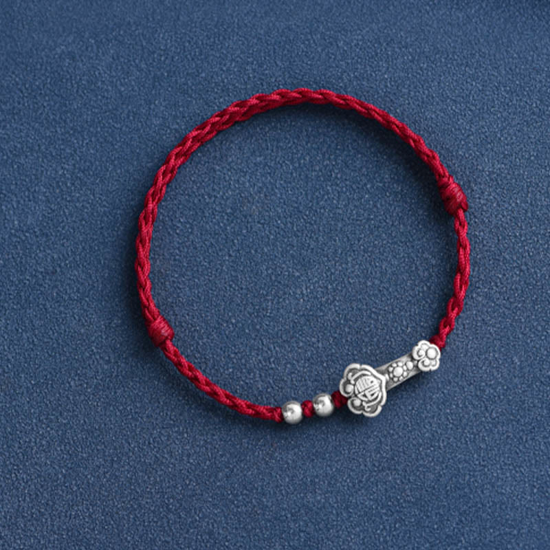 Buddha Stonesハンドメイド999スターリングシルバーフーキャラクターウィッシュ如意ハンドル幸運ロープブレスレットアンクレット