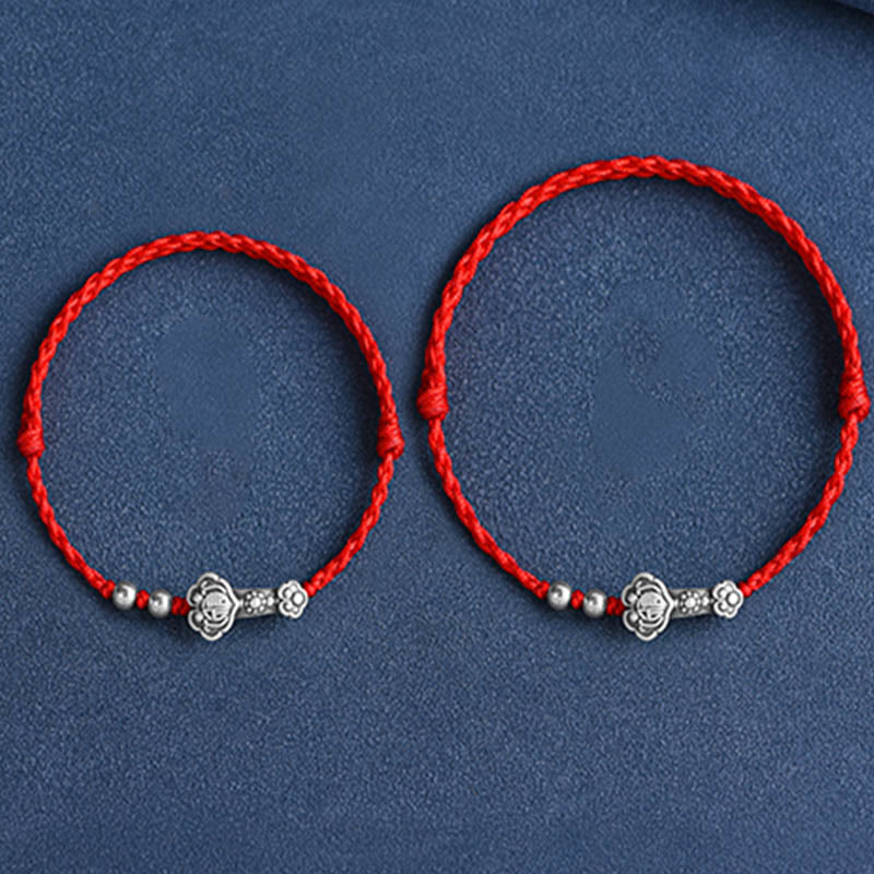 Buddha Stonesハンドメイド999スターリングシルバーフーキャラクターウィッシュ如意ハンドル幸運ロープブレスレットアンクレット