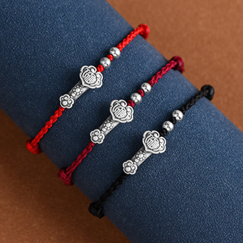 Buddha Stonesハンドメイド999スターリングシルバーフーキャラクターウィッシュ如意ハンドル幸運ロープブレスレットアンクレット