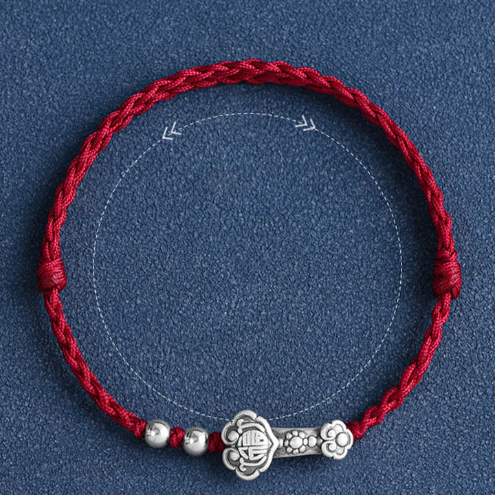 Buddha Stonesハンドメイド999スターリングシルバーフーキャラクターウィッシュ如意ハンドル幸運ロープブレスレットアンクレット
