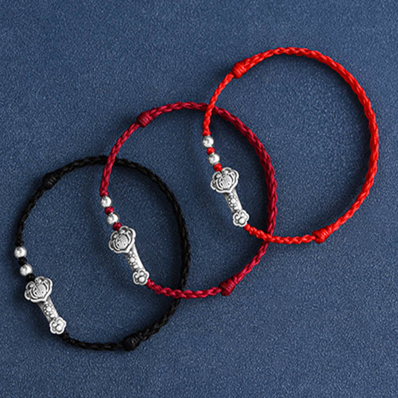Buddha Stonesハンドメイド999スターリングシルバーフーキャラクターウィッシュ如意ハンドル幸運ロープブレスレットアンクレット