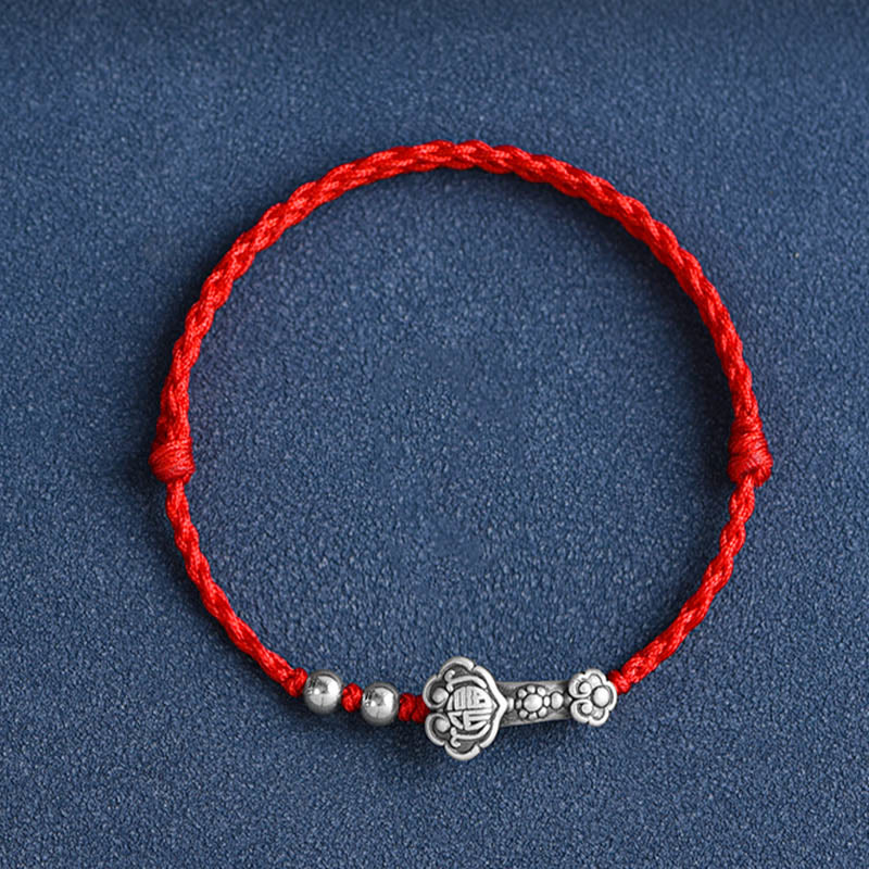 Buddha Stonesハンドメイド999スターリングシルバーフーキャラクターウィッシュ如意ハンドル幸運ロープブレスレットアンクレット