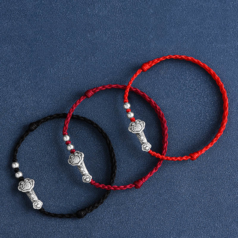 Buddha Stonesハンドメイド999スターリングシルバーフーキャラクターウィッシュ如意ハンドル幸運ロープブレスレットアンクレット
