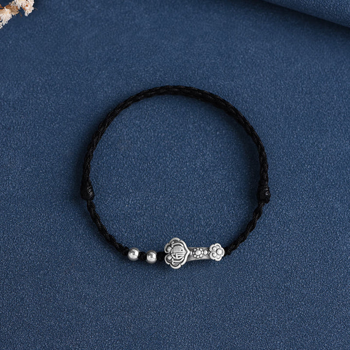 Buddha Stonesハンドメイド999スターリングシルバーフーキャラクターウィッシュ如意ハンドル幸運ロープブレスレットアンクレット