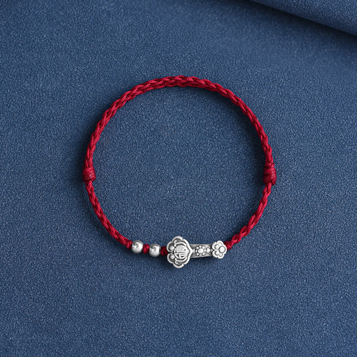 Buddha Stonesハンドメイド999スターリングシルバーフーキャラクターウィッシュ如意ハンドル幸運ロープブレスレットアンクレット