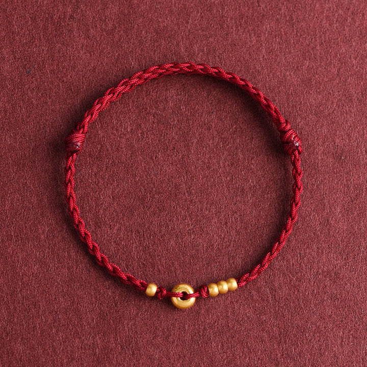 Buddha Stones999ゴールド 小さな平和バックルデザイン ハンドメイド 幸運 編み込み ロープ ブレスレット アンクレット