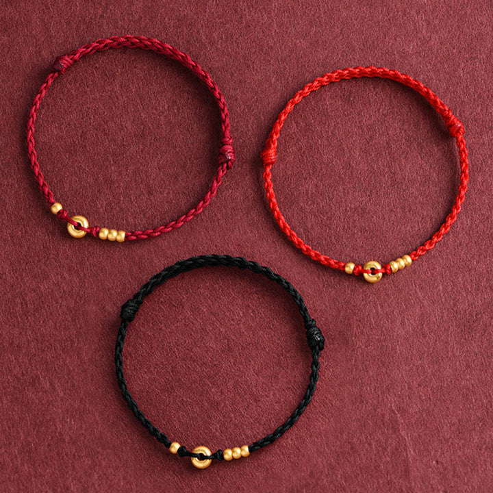 Buddha Stones999ゴールド 小さな平和のお守りチャームデザイン ハンドメイド 幸運 編み込み ロープ ブレスレット アンクレット - image 1
