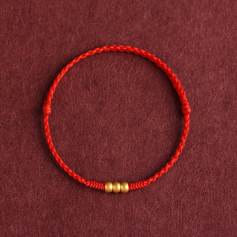 Buddha Stones999ゴールド ミニ 3ビーズデザイン ハンドメイド 幸運ロープブレスレット アンクレット - アンクレット（円周18～30cm） - 赤 - image 0