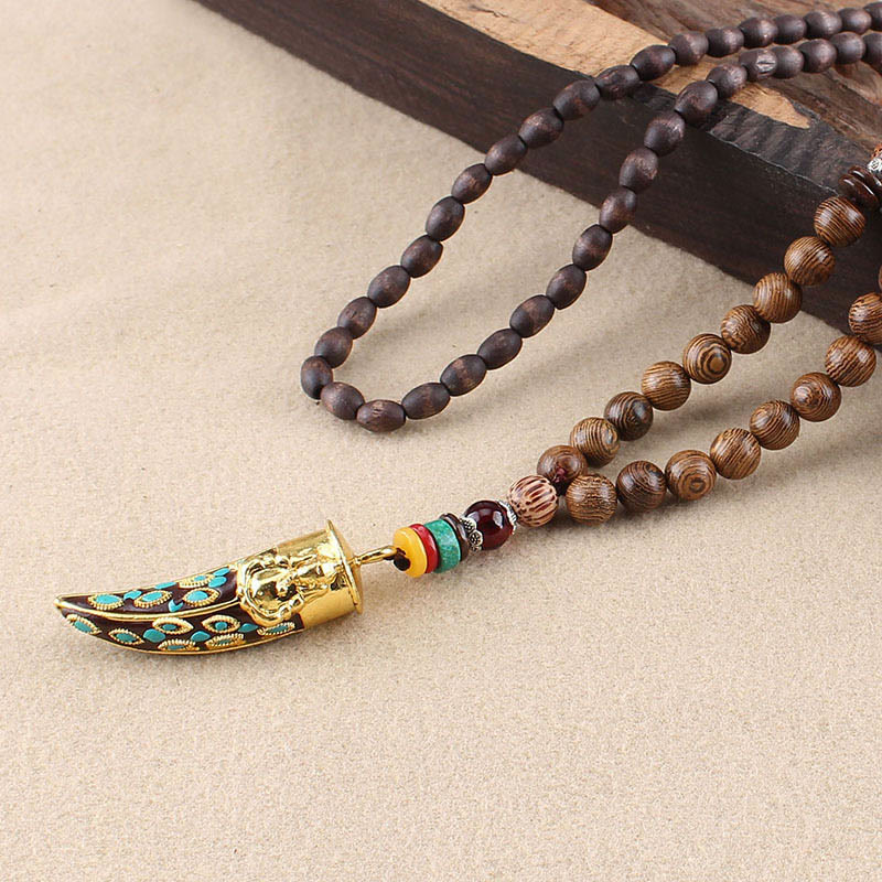 Buddha Stonesチベット ウェンジウッドオーム・マニ・パドメ・フムOM シンボル マントラ 角模様 守護ネックレス ペンダント - ウェンジウッド＆ゴールデンホーン - image 16