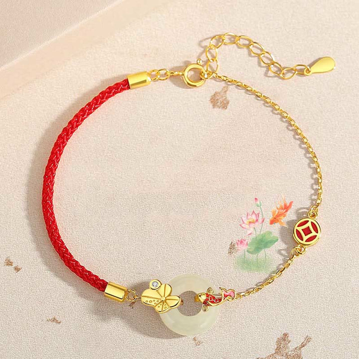 Buddha Stonesハンドメイド925スターリングシルバー和田翡翠中国金魚ピースバックルレッドロープブレスレット