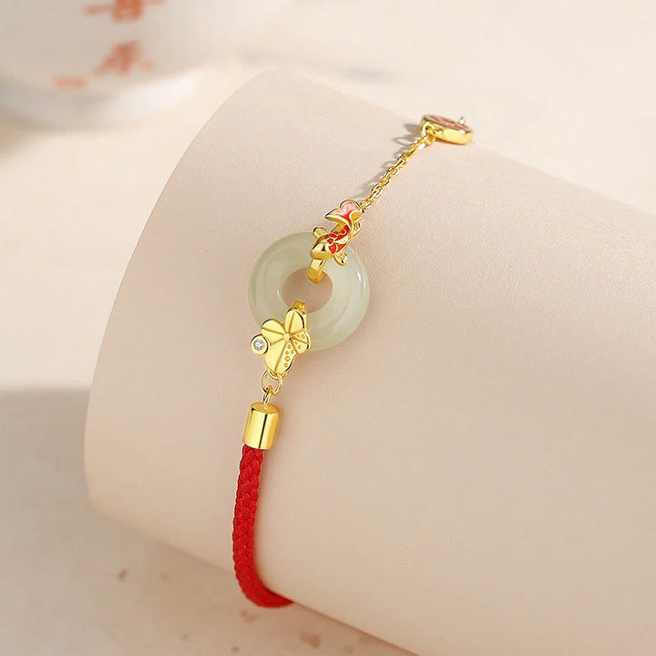 Buddha Stonesハンドメイド925スターリングシルバー和田翡翠中国金魚ピースバックルレッドロープブレスレット