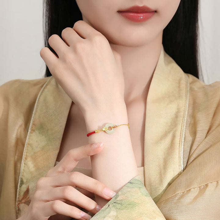 Buddha Stonesハンドメイド925スターリングシルバー和田翡翠中国金魚ピースバックルレッドロープブレスレット
