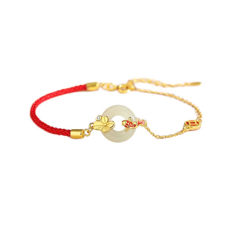 Buddha Stonesハンドメイド925スターリングシルバー和田翡翠中国金魚ピースバックルレッドロープブレスレット