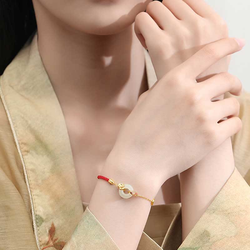 Buddha Stonesハンドメイド925スターリングシルバー和田翡翠中国金魚ピースバックルレッドロープブレスレット