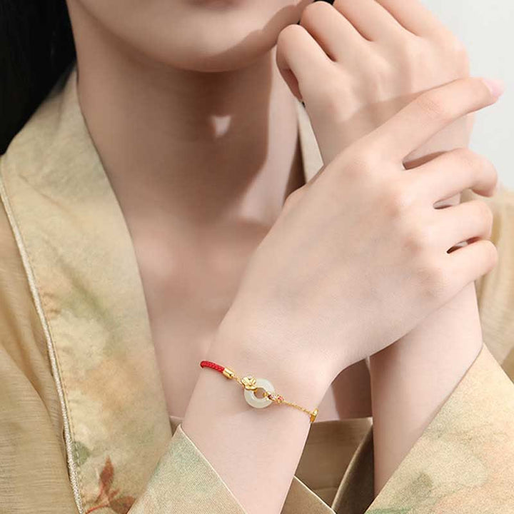 Buddha Stonesハンドメイド925スターリングシルバー和田翡翠中国金魚ピースバックルレッドロープブレスレット
