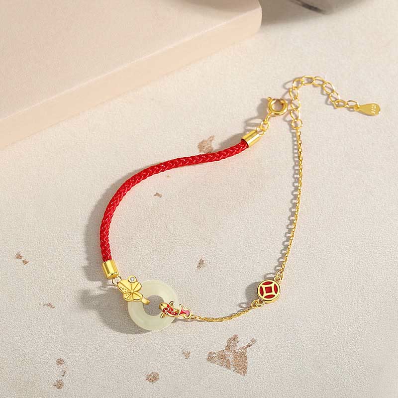 Buddha Stonesハンドメイド925スターリングシルバー和田翡翠中国金魚ピースバックルレッドロープブレスレット