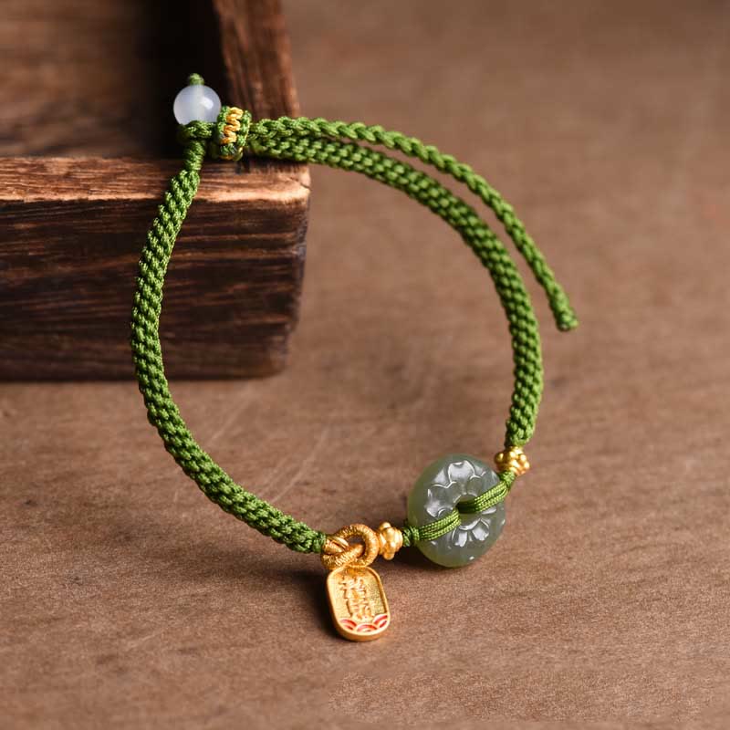 Buddha Stones翡翠 平和バックル グリーンロープブレスレット