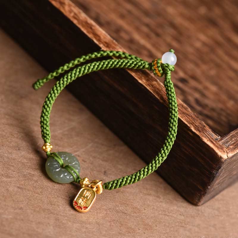 Buddha Stones翡翠 平和バックル グリーンロープブレスレット