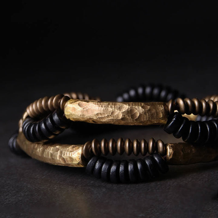 Buddha Stonesヴィンテージ 黒檀 木製 銅 幸運 富 ハンドメイド ブレスレット