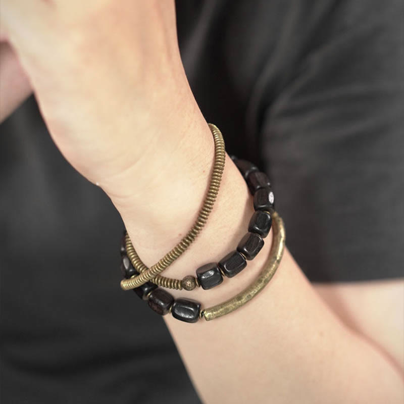 Buddha Stonesヴィンテージ 平和 チベット 黒檀 木製ビーズ 銅 多層 ヒーリングブレスレット