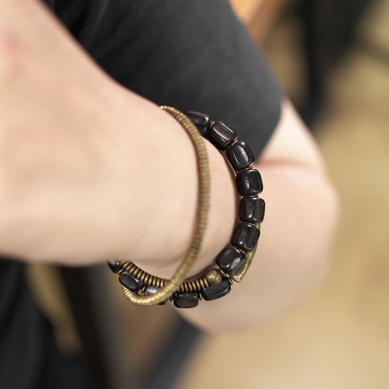 Buddha Stonesヴィンテージ 平和 チベット 黒檀 木製ビーズ 銅 多層 ヒーリングブレスレット