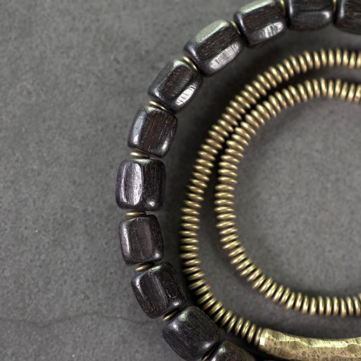 Buddha Stonesヴィンテージ 平和 チベット 黒檀 木製ビーズ 銅 多層 ヒーリングブレスレット