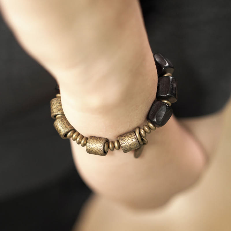 Buddha Stonesヴィンテージピース黒檀ウッド銅ビーズブレスレット