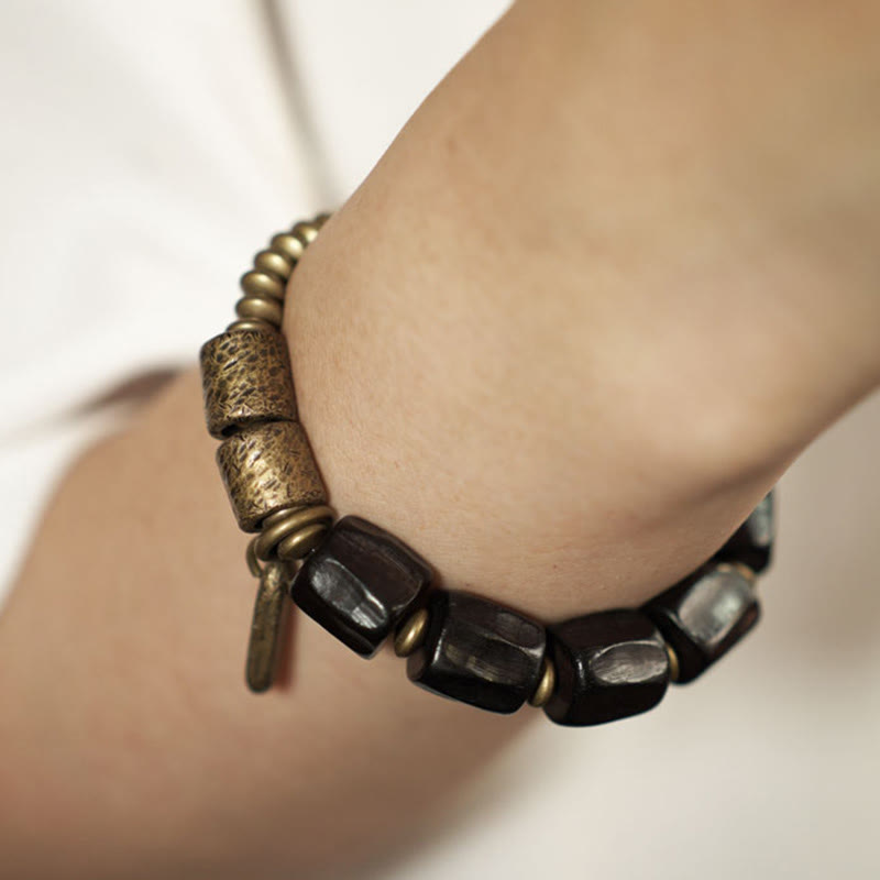 Buddha Stonesヴィンテージピース黒檀ウッド銅ビーズブレスレット