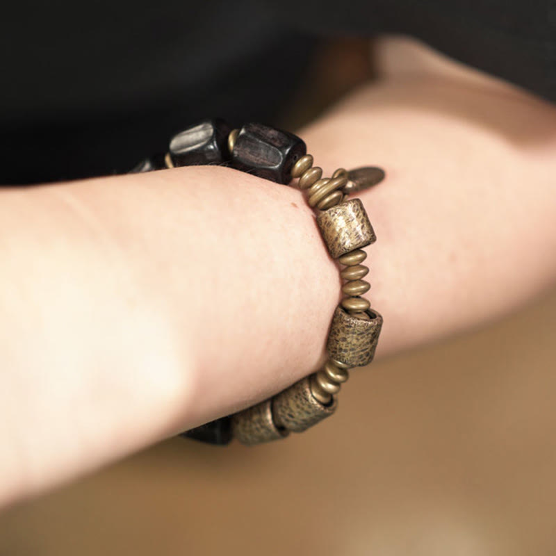 Buddha Stonesヴィンテージピース黒檀ウッド銅ビーズブレスレット