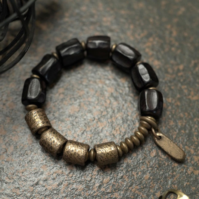 Buddha Stonesヴィンテージピース黒檀ウッド銅ビーズブレスレット