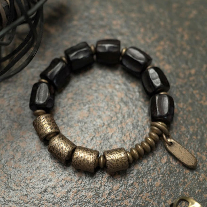 Buddha Stonesヴィンテージピース黒檀ウッド銅ビーズブレスレット