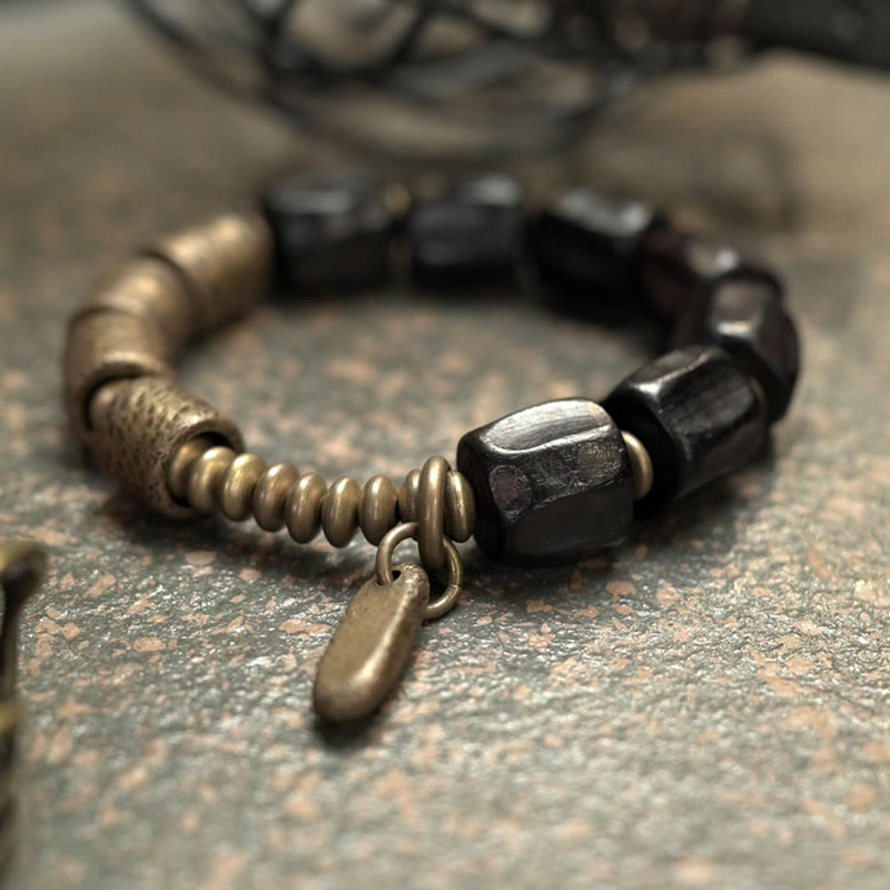 Buddha Stonesヴィンテージピース黒檀ウッド銅ビーズブレスレット