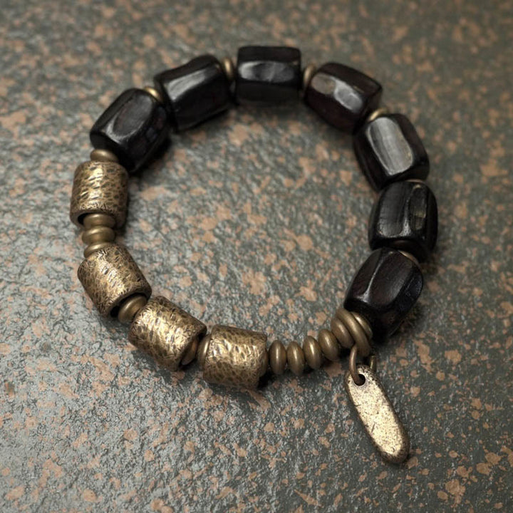 Buddha Stonesヴィンテージピース黒檀ウッド銅ビーズブレスレット