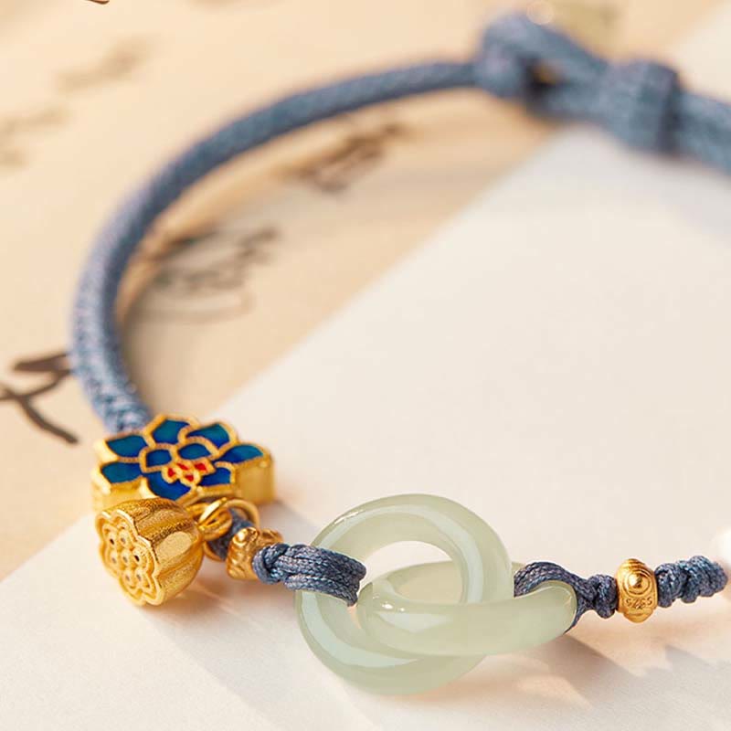 Buddha Stones和田翡翠 蓮華平和のお守りチャーム編みロープ幸運繁栄ブレスレット