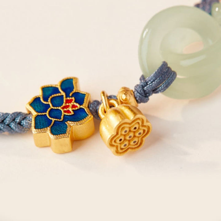Buddha Stones和田翡翠 蓮華平和のお守りチャーム編みロープ幸運繁栄ブレスレット